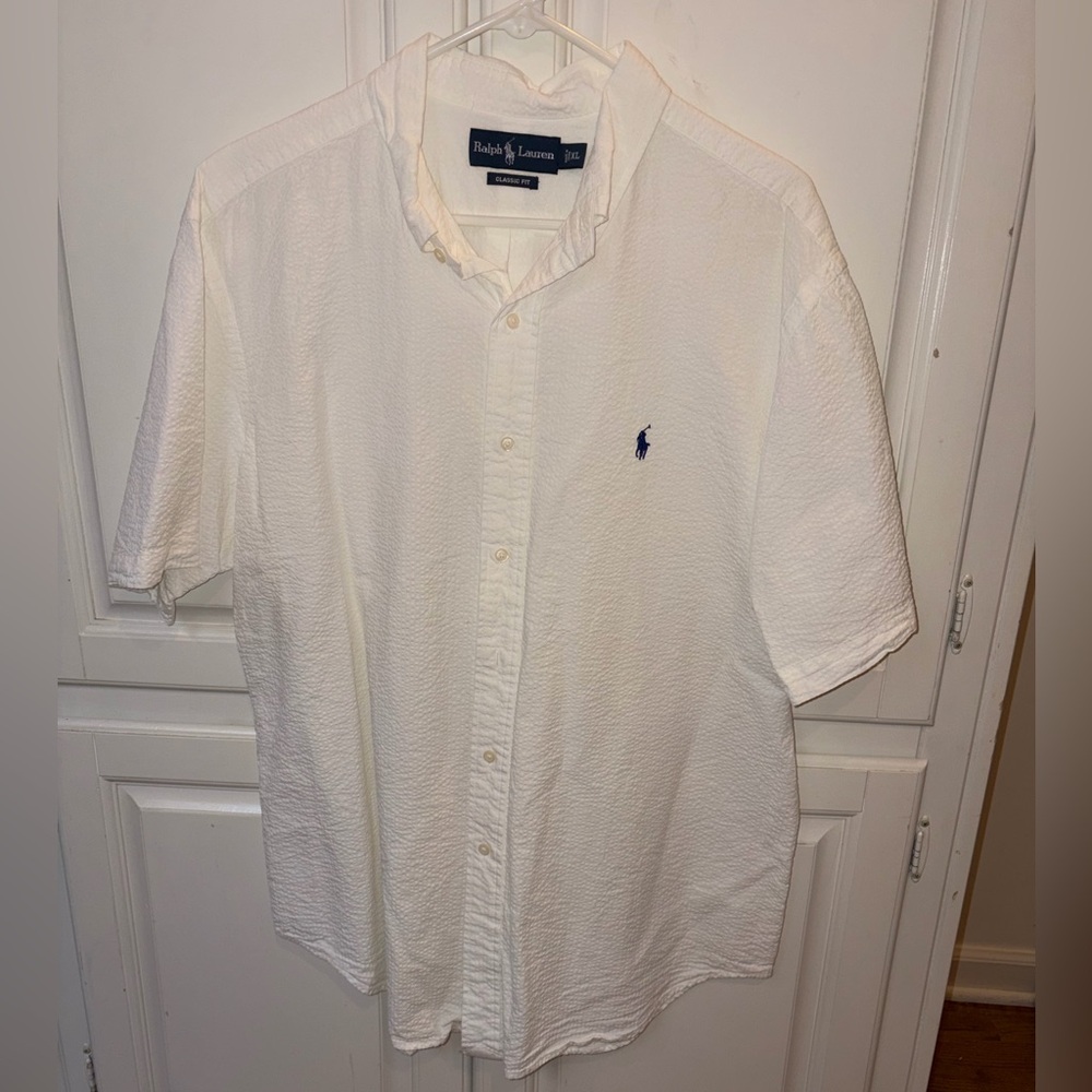 Ralph Lauren White Short-Sleeve Button-Up Seersucker Shirt
